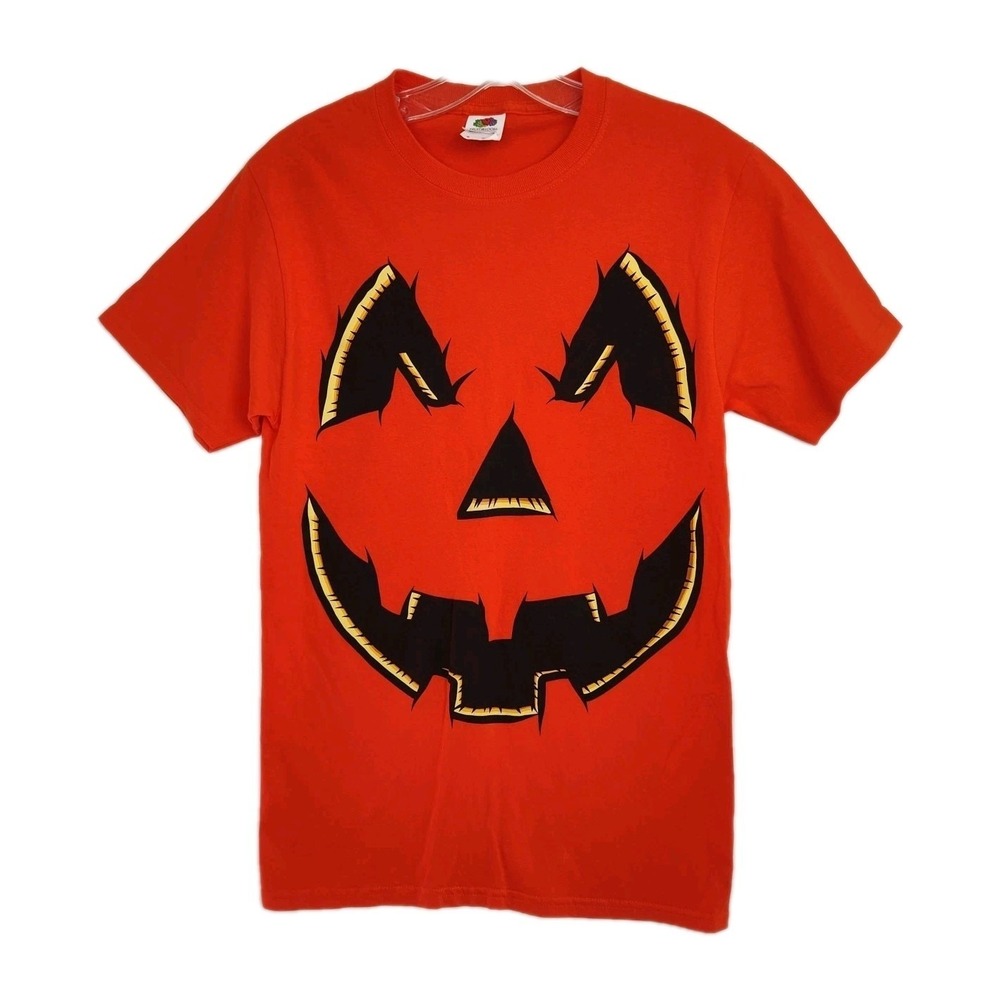 Fruit of the Loom Halloween T-Shirt Men's S Orange Graphic Print Jack-O-Lantern